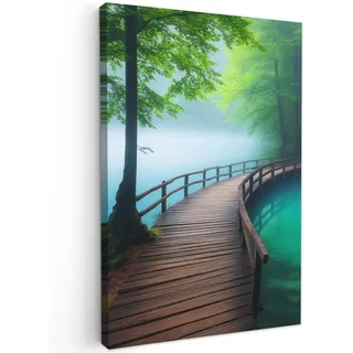 OnlyWow© Gartenbilder Außen 80x120 cm Leinwand Außenbereich Outdoor Wall Art Decoration Wand Terrasse Deko Wetterfest Poster Brücke - Wasser - Fluss - Wald