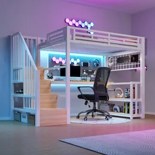 Merax Hochbett 90x200 cm mit Schreibtisch, Treppe und Rausfallschutz, Funktionsbett Kinderhochbett mit LED, Lagerregal, Gitterwand, 2 USB + 1 Typ-C, Bettgestell aus Metall (ohne Matratze), Weiß