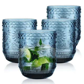 Joeyan Trinkgläser Set Bunt,4 teiliges 360ml Blau Gläser Set für 4 Personen | Hochwertige Farbig Wassergläser Spülmaschinenfest, Modernes Blume Embossed, Saftgläser für Picknicks, Camping, Partys