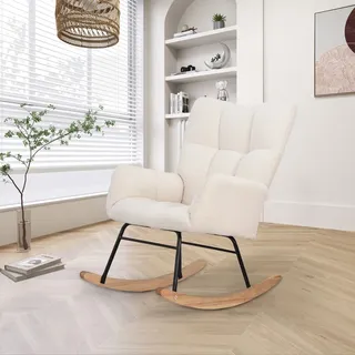 CDGlobal Schaukelstuhl, Schaukelsessel mit Berbervliesoptik, Armlehne, ergonomischem Sessel mit Holzkufen, Relaxsessel für Wohnzimmer, Schlafzimme... - Beige