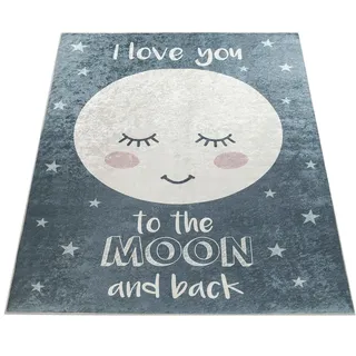 Kinderteppich PACO HOME "Aleyna 103", grau, B:80cm H:6mm L:150cm, Polyester, Teppiche, Kinderteppich, Kinder Design, niedliches Mond Motiv mit Schriftzug, Kinderzimmer