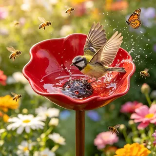 Skeadex Vogeltränke Stehend Gartenstecker Metall, Blume Bienentränke Insektentränke Garten Vogeltränke Winterfest Vogelbad mit Futterschale Vogelfutterstation Wassertränke für Garten Hof Terrasse (D)