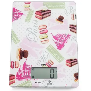 ADE Küchenwaage KE1501 mit Paris-/Macarons-Print, LCD-Display, präzises Wiegen bis 5kg, mit Zuwiegefunktion bunt|rosa
