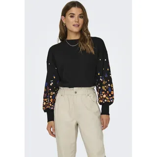 Sweatshirt ONLY "ONLBROOKE L/S O-NECK FLOWER SWT", Damen, Gr. L, schwarz (schwarz print:sleeve flower print), Sweatware, Obermaterial: 60% Baumwolle, 40% Polyester, bedruckt, regular fit normal, Rundhals, Rippbündchen, Sweatshirts Sweatshirt, Baumwollmischung, regular fit