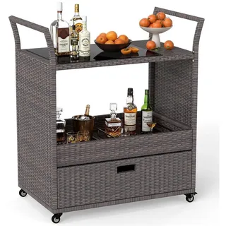 COSTWAY Grillablagetisch, Grillwagen Outdoor, Rattan Servierwagen mit Schublade braun