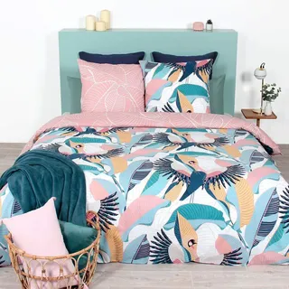 CÔTE DECO Bettwäsche Set für Doppelbett, 220 x 240 cm + 2 Kopfkissenbezüge 63 x 63 cm, Rosa und Blau, 100% Bio-Baumwolle, Jungle Wendebettwäsche