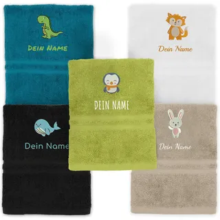 my STITCHERY Kinderhandtuch mit Namen Bestickt, Oeko-TEX® Standard 100 - Personalisiertes Handtuch für Kinder aus nachhaltiger Baumwolle mit gesticktem Namen und Motiv (50 x 100 cm, Schwarz)