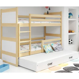 Interbeds Etagenbett für 3 Kinder Stockbett Hochbett 200x90 cm Holzbett Kiefernholz Kinderbett zusätzlicher Schlafplatz in der Schublade Jugenbett mit Lattenrost und Rausfallschutz