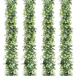 SOMYTING 4 Stück Künstliche Eukalyptus Girlande Mit Weißen Blumen - Handgemachte Grüne Dekoration für Hochzeitshintergrund, Bogen, Wand - UV-geschützte Reben Blätter für Drinnen und Draußen