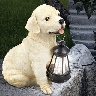 Solarleuchte Solarlampe Außenleuchte Gartenlampe Hund, Akku Wetterfest IP44, Hundfigur mit Laterne, beige weiß, 1x LED 0,06W, HxLxB 25x15,5x23,5cm, 2er Set