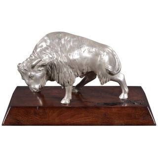 Casa Padrino Luxus Bison Bronzefigur Silber / Braun 35 x 18 x H. 20 cm - Versilberte Deko Figur mit Mahagoni Holzsockel