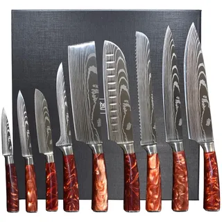 Chefino Damastmesser Set 9-teilig – Küchenmesser Set mit Kochmessern, Brotmesser, 2 Santoku – Hochwertiger Edelstahl, Laser Damaskus Optik, ergonomische Griffe – In edler Geschenkbox