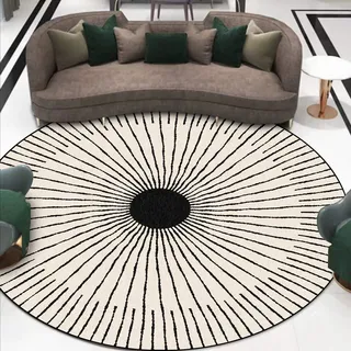 Moderner Kurzflor-Teppich, rund, für Eingangsbereich, Küche, Wäsche vor dem Bett, waschbar, kleiner Teppich mit schwarzem Rand und runder Linie, Schwarz/Weiß, ø 60 cm