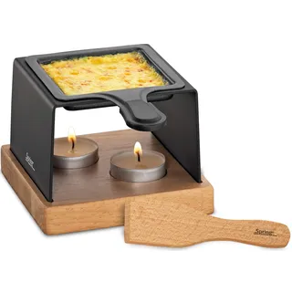 Spring Käse-Raclette Gourmet Party, 1 Pfännchen, Buchenholz-Bodenplatte | Tischgrill aus Buchenholz, mit Spachtel, 2 Teelichter inklusive, für gesellige Käsefondue-Abende, kompakt