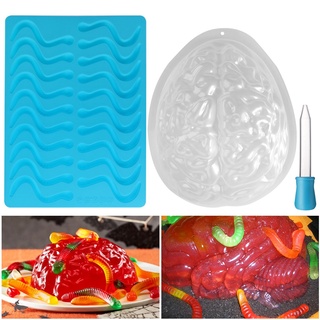 BESTonZON 2 Pack Halloween Brain Pudding Mould and Silicone Worm Mould Baking Mould Party Decoration - Halloween Deko Gruselig