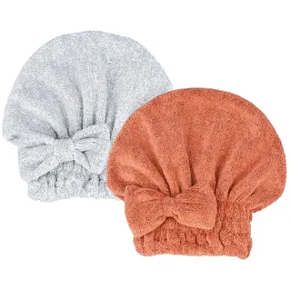 MAYOUTH Mikrofaser Handtuch Haare Super saugfähig 2 Stücke Kopfhandtuch Haarturban Haarhandtuch Schnelltrocknend Turban Geschenke für Damen & Mädchen (Lachsrot+Graue punktgarn)
