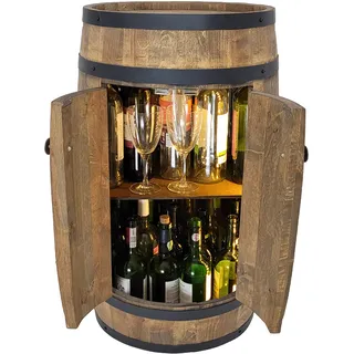 Fassbar mit 2 Türen und LED Beleuchtung, Holzfass 80x50cm Weinfass - Barschränk handgemacht Flaschenregal Hausbar vintage theke bar wand holzregal whisky Wein Bier - Bartisch Geschenk für Männer