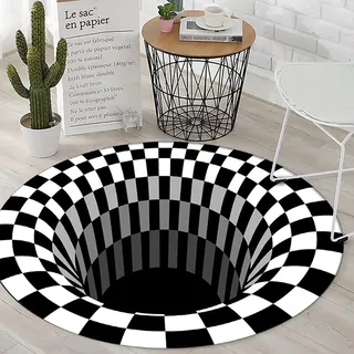 Dazzluxe 3D-Teppich Mit Optischer Täuschung Runder Schwarzes Loch, Stereo-Teppich, Illusions-Flanell-Teppiche, Schwarz-Weiß Ultraweiche, rutschfeste Teppiche Für Wohnzimmer, Schlafzimmer,D,4 ft
