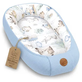 Totsy Baby Babynest Neugeborene Nestchen Baby 50x90cm - Kokon Handmade zweiseitig aus Baumwolle Waffel mit Babynestchen Tiere Blau
