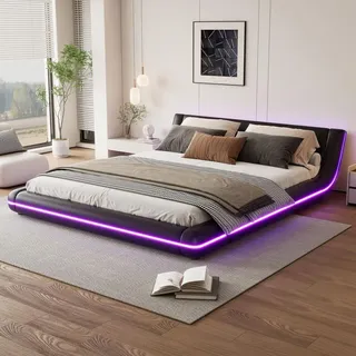 Polsterbett 160x200 cm LED Bodenbett modern Futonbett aus Kunstleder mit Lattenrost Geräuschlos Flachbett für Schlafzimmer Schwarz - Schwarz