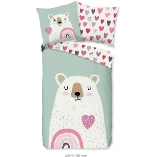 Kinderbettwäsche GOOD MORNING "Ted", rosa, B/L: 135cm x 200cm, 1 Stk., 1 Stk., Flanell, B/L: 80cm x 80cm, 2 Stk., Flanell, Obermaterial: 100% Baumwolle, Bettwäsche, Flanell, Biber, 135x200, Warm, Wende, Kind, Bär, Eisbär, minzgrün