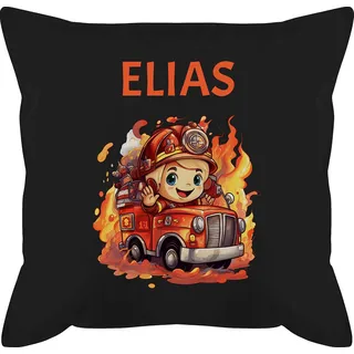 Kissen 50x50 - Feuerwehr - Geschenk Feuerwehrmann mit Name personalisiert I Löschfahrzeug Motiv - 50 x 50 cm - Schwarz - feuerwehrkissen Kinder personalisiertes Feuerwehrauto Auto Polster Jungen