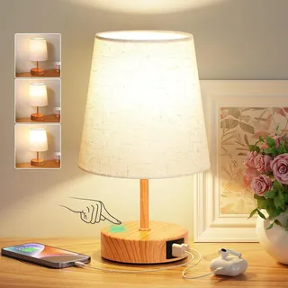Nachttischlampe Touch Dimmbar, USB A+C-Ladefunktion, Tischlampe Mit Leinen-Lampe