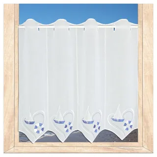 Maritim bestickte Scheibengardine Ocean/Badgardine in blau-weiß Plauener Spitze Segelboote (Höhe x Breite: 55 x 80 cm)