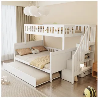 Flieks Etagenbett, Massivholz Kinderbett 90x200/140x200cm mit Treppe Ausziehbett 90x190cm weiß 145 cm x 252 cm x 160 cm