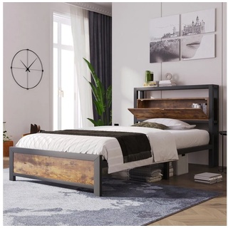 REDOM Metallbett Jugendbetten mit Stauraum-Kopfteil und Metall Lattenrost, Schwarz Industrielles Bett braun 145 cm x 220 cm