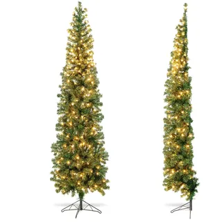 GOPLUS 210 cm halber Weihnachtsbaum, festlicher Kunstbaum mit 450 PVC-Zweigspitzen & 150 LED-Leuchten, schlanker Christbaum für Weihnachten, für Zuhause Büro Ersatzlichter & Sicherung