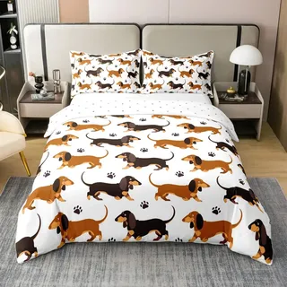 Loussiesd Dackel Baumwolle Bettwäsche Set 135x200cm für Kinder Jungen Mädchen Wurst Hund Bettbezug Ultra Soft Welpen Hund Betten Geschenk für Hundeliebhaber Bettwäsche-Set Hund Pfote Drucken