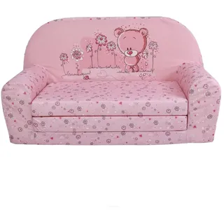 FORTISLINE Kindersofa MINI ausklappbar 78 x 40 x 45 cm - Kindercouch aus Mikrofaser mit Liegefläche 104 cm, abnehmbarem waschbarem Bezug, Oeko-TEX Standard 100, Rosa Bärchen