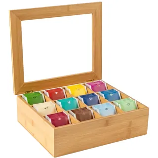 CaitongX Große Bambus-Teebox 12 Fächer – Teebeutel-Organizer aus Holz mit Acrylfenster, Aufbewahrungsbox für Tee, Kaffee, Gewürze, Küchen- und Büroorganisation, 28.5x23.5x9cm