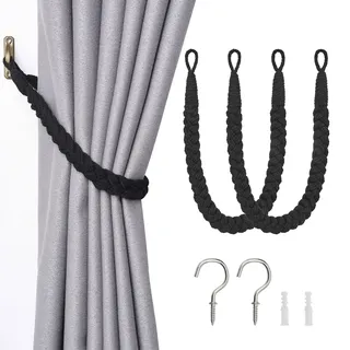 Pretty Jolly Vorhang Raffhalter aus natürlichem Baumwollseil, eleganter, dekorativer Vorhang-Raffhalter im Boho-Stil, weiche, handgewebte Seil-Vorhanghalter für Zuhause und Büro, Schwarz, 2 Stück