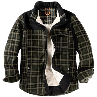Herren Winddichte Fleece-Futter Modisches Warmes Hemd Karierte Printed Jacke,Farbe: Armeegrün,Größe:3XL