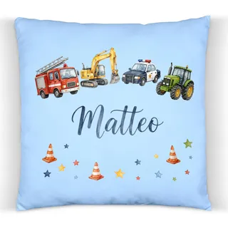 ZauberPrints Fahrzeuge Kissen mit Name – Bagger Feuerwehr für Jungen | Kuschelkissen mit Feuerwehr, Bagger, Polizei & Traktor · 37x37 cm · Baumwolle · Kinderzimmer-Deko · Geschenk zum Geburtstag