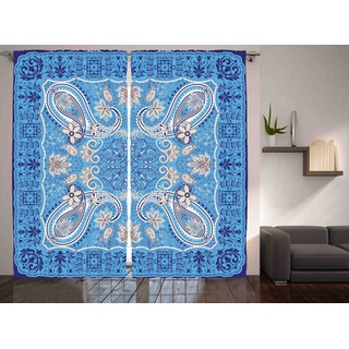Gardine Schlafzimmer Kräuselband Vorhang mit Schlaufen und Haken, Abakuhaus, orientalisch klassische Blumen blau|weiß 280 cm x 260 cm
