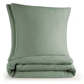 Blumtal Musselin Bettwäsche 200x220 cm - OEKO-TEX zertifizierte Bettwäsche 200x220 Baumwolle - Bettbezug 200x220 + 2x Kissenbezug 80x80 - Bettwäsche 200x220 Musselin - Bettwäsche Sommer Grün