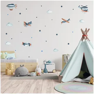 Wandsticker personalisiert Sticker Aquarell Tiere mit Name Wandtattoo für Kinderzimmer Babyzimmer Spielzimmer Mädchen Junge Y037 (Nr. 2 Flugzeuge, Ohne Wunschname)