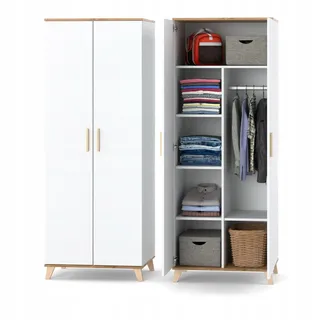AZTeam Producent mebli Oslo Kleiderschrank 80 cm – Skandinavischer Kleiderschrank mit 2 Türen, 5 Regalfächern & Kleiderstange – Griffe und Füße aus echtem Buchenholz – 80 × 195 × 50 cm