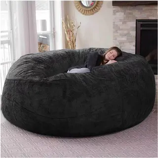 Flyhug Riesiger Pelz-Sitzsack für Wohnzimmermöbel für Erwachsene, großer runder, weicher, Flauschiger Kunstpelz-Sitzsack (Keine Polsterung), fauler Schlafsofabezug(Farbe:Schwarz,Größe:6ft)