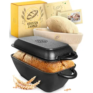 KRUSTENZAUBER Brotbackform mit Deckel für selbstgemachtes Brot zu Hause | Begleiteter Einstieg für eigenes Brot backen, Gusseisenform mit Deckel und Gärkorb für ofenfrisches Brot mit knusprige Kruste