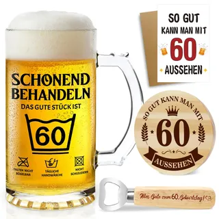 60 Geburtstag Männer Bierkrug 0,5 L mit Flaschenöffner und Holzuntersetzer | Personalisierte Biergläse Geschenk 60. Geburtstag Mann, Geburtstagsgeschenke für Männer Papa Ehemann Opa Freund Kollegen