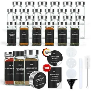 luxuskollektion Gewürzgläser Eckig Set 24er: Gewürzdosen Glas 120ml Streueinsatz