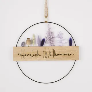 Türkranz Haustür mit Trockenblumen I Dekokranz ganzjährig I Willkommenskranz mit Herzlich Willkommen graviert I Türdekoration außen & innen I personalisierbar (Trockenblumen Lila, Metallring 30cm)