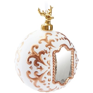 BRUBAKER Weihnachtsbaumkugel Premium Weihnachtskugel - Royal Deer - 10 cm Baumkugel mit Spiegel (1 St), Glas Christbaumkugel mit Gold Muster und Hirsch Figur - Handarbeit weiß