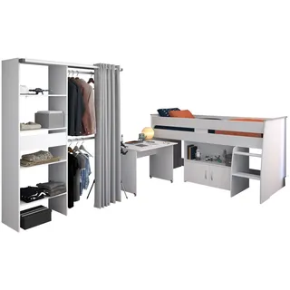 Parisot Jugendzimmer-Set Reverse in Weiß, (Komplett Set, 3-tlg., ausziehbarer Schreibtisch, Kommode, Hochbett), ausziehbarer Schreibtisch, Kommode