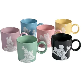Fyrklövern Micky & Freunde Kaffeetasse Disney, 6er-Set, 320 ml, Steinzeug, Spülmaschinenfest, Seidenmatte Glasur, inkl. Geschenkbox, Mehrere Farben