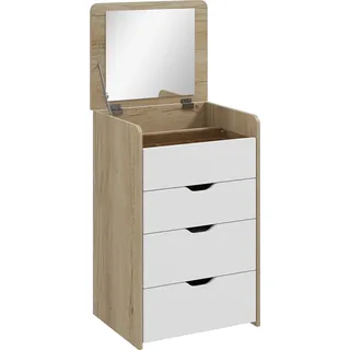 HOMCOM Schminktisch 3-in-1 mit klappbarem Spiegel, versenkbarem Hocker, gepolsterter Hocker auf Rollen, 3 Schubladen, sichtbare Glasplatte, Fach, platzsparend, Rovere und Weiß   Aosom